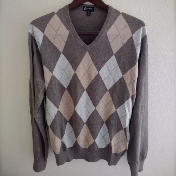 J. Crew Men's Argyle V-Neck Cotton and Cashmere Blend Sweater Sz. M - Picture 1 of 4